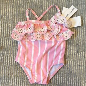 Janie and Jack Pink and White One Piece Swimsuit with Ruffle Details